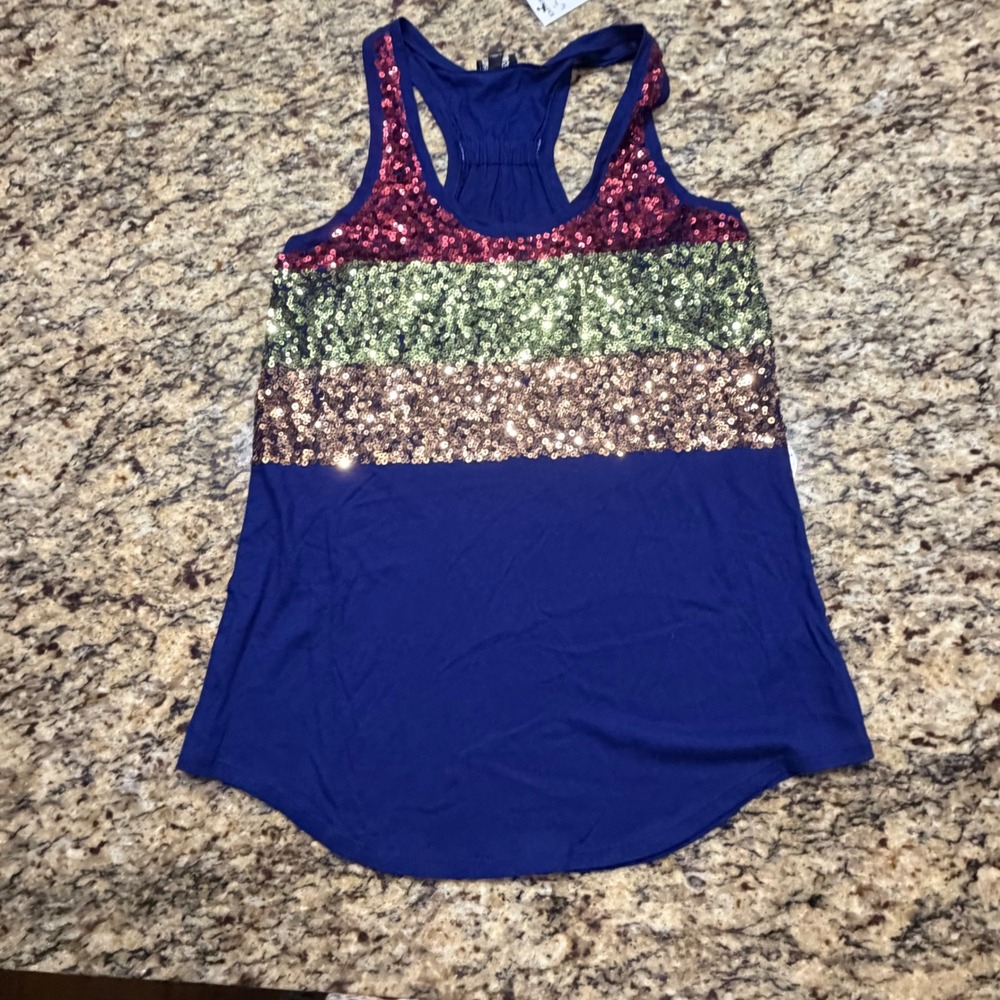 NEW Express Womens Sequin Racerback Tank Top Blue Multi Color Small ws